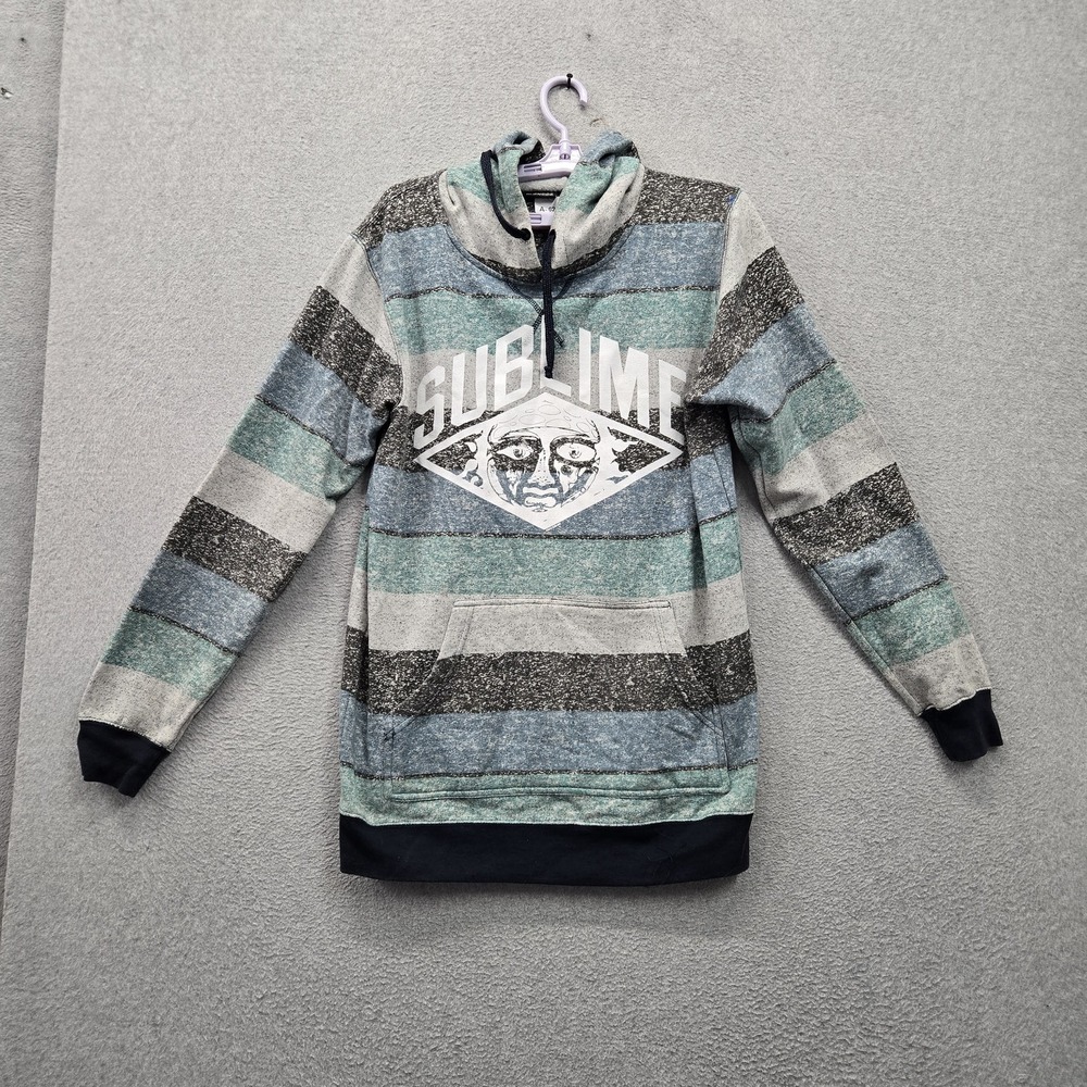 Sublime Men Hoodie M Gray Blue Striped Band Logo Graphic Print Burnside Pullover